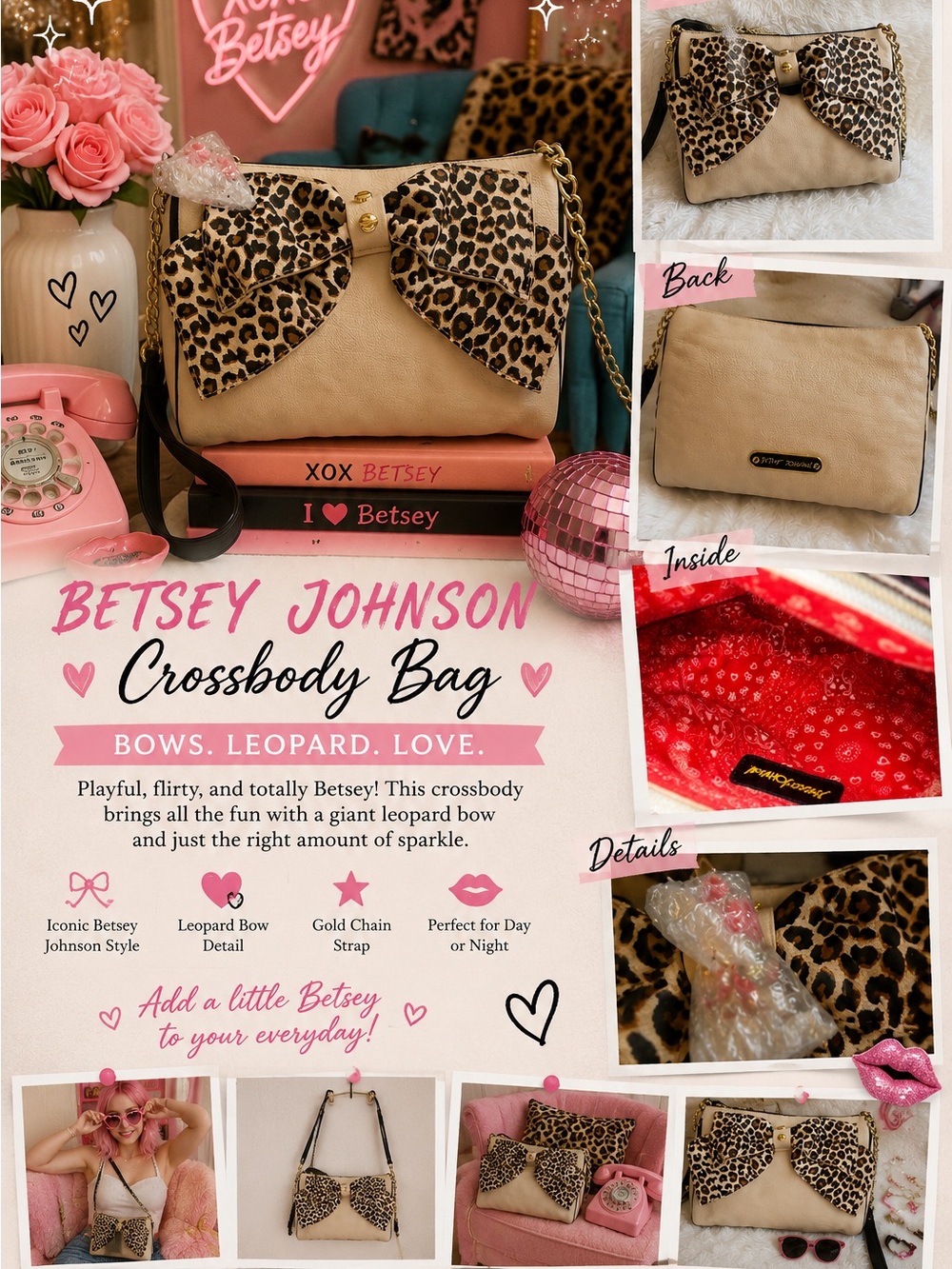 Betsey Johnson Leopard Bow Crossbody Bag Cream Gold Chain Statement Purse